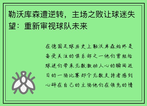勒沃库森遭逆转，主场之败让球迷失望：重新审视球队未来