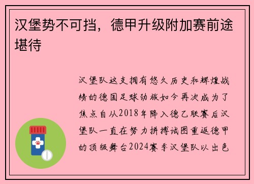 汉堡势不可挡，德甲升级附加赛前途堪待